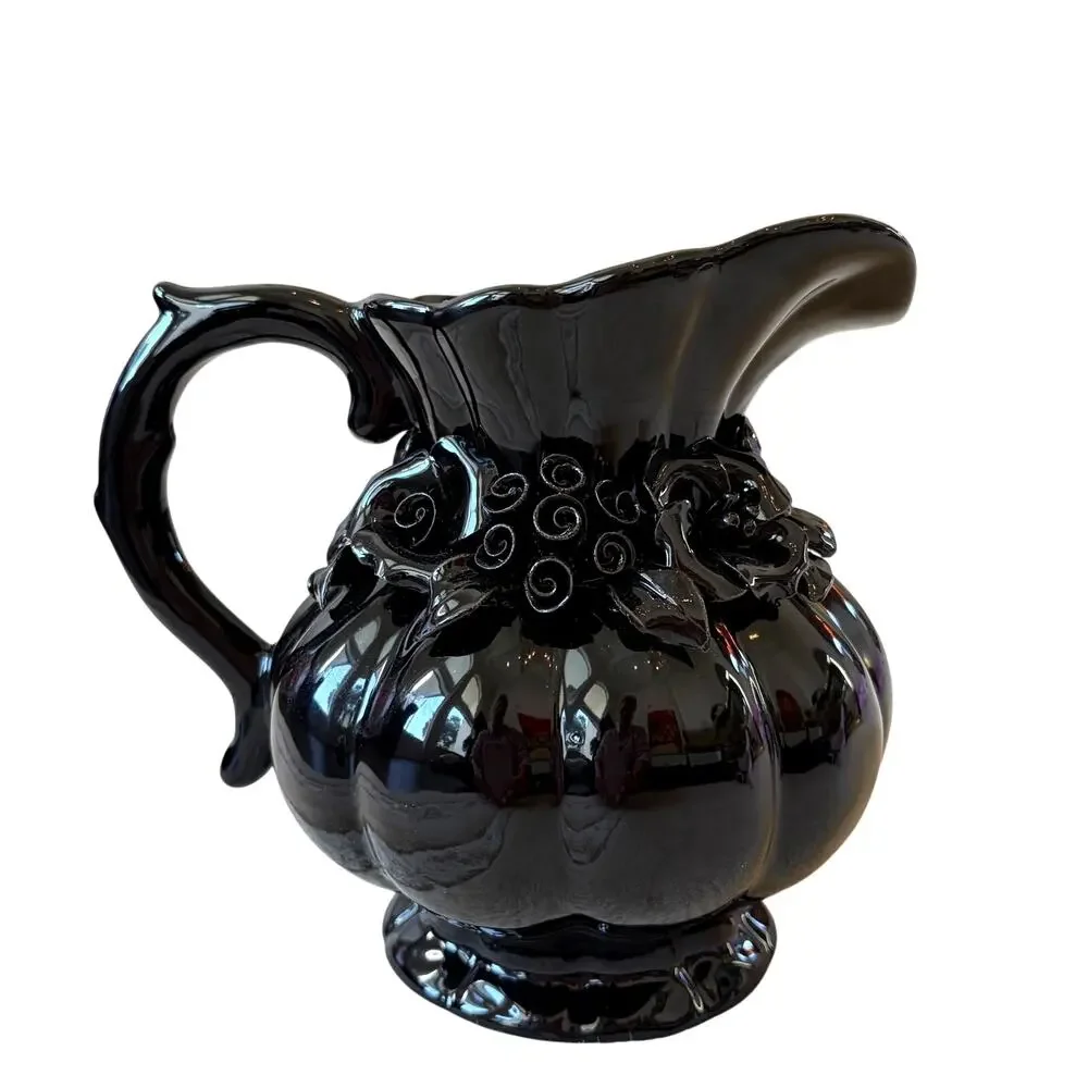 Potter's Studio Black Floral Ceramic Pitcher w/ Embossed Roses 7